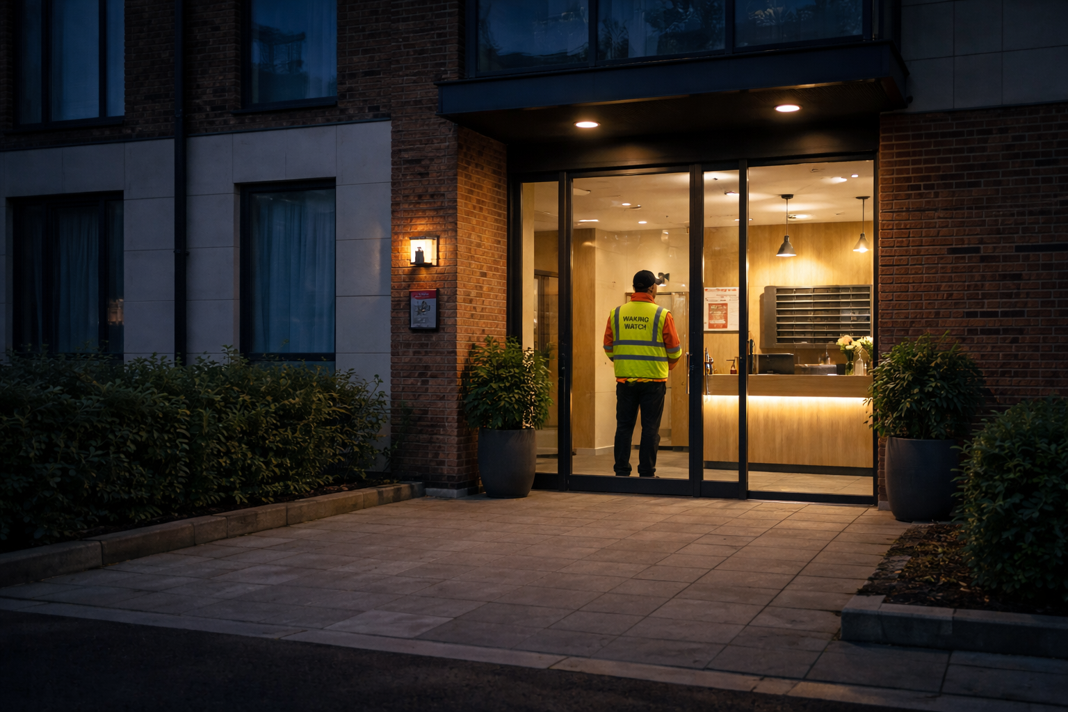 Modern apartment building entrance at dusk suitable for wireless fire detection systems